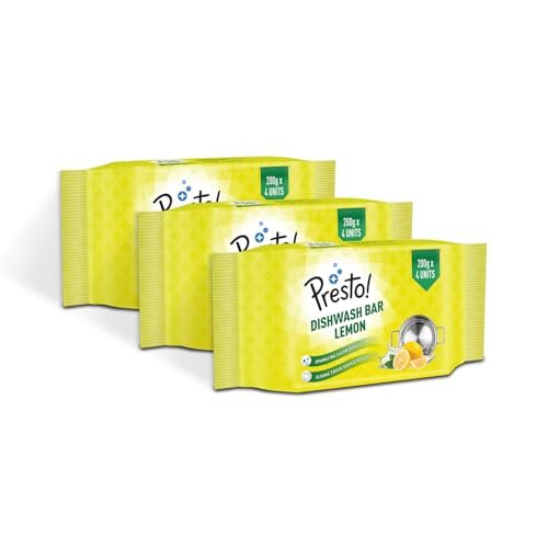 Amazon Brand – Presto! Dishwash Bar | 200 Gram | 12 count | 4 Bars Each X 3 Pack | Removes Tough Grease | Odour-Free Freshness | Gentle On Hands