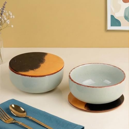 The Earth Store Mint Marble Ceramic Bowl with Lid Set of 2, 580ML | Multipurpose Coaster/Lid | Dishwasher & Microwave Safe Bowl | Ideal for Rice, Dal, Fruits, Salad, Snack, Mixing Bowl
