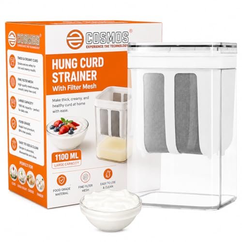 E-COSMOS® Plastic Multipurpose Greek Yogurt & Curd Maker Hung Curd – 1100ml | Durable, BPA-Free | Easy Homemade Yogurt & Cheese (Yogurt Maker), 10L x 8W x 16H cm, Multi-Coloured