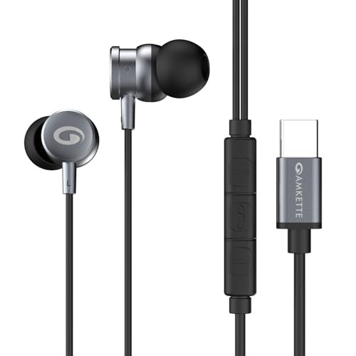 Amkette Trubeats M15 Type C Earphones with Mic, 10mm Drivers, 3 Button Control, AI Assistants, Ergonomic Earbuds Compatible with Smartphones, Tabs & Laptops, Type C Headphones, 1.2m Cable Grey