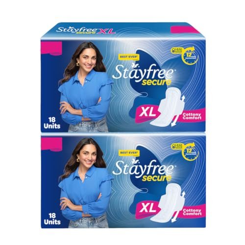 Stayfree Secure XL Sanitary Pads – 36 Pads (Pack of 2 × 18) | Cottony Soft Cover | Leak‑Lock Technology | Odour Control | Up to 12‑Hour Protection