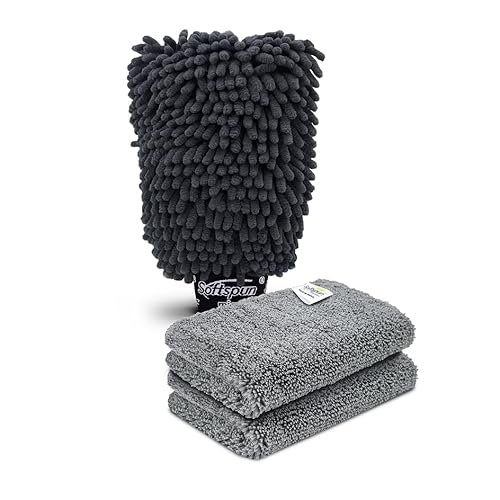 SOFTSPUN Microfiber Single Side 1 Piece Chenille Glove,1700 GSM Grey+20X30cm Cleaning Wipe 2Pcs | Multi-Purpose Super Absorbent and Perfect Wash Cleaning for Bike Auto,Cars Both Interior and Exterior