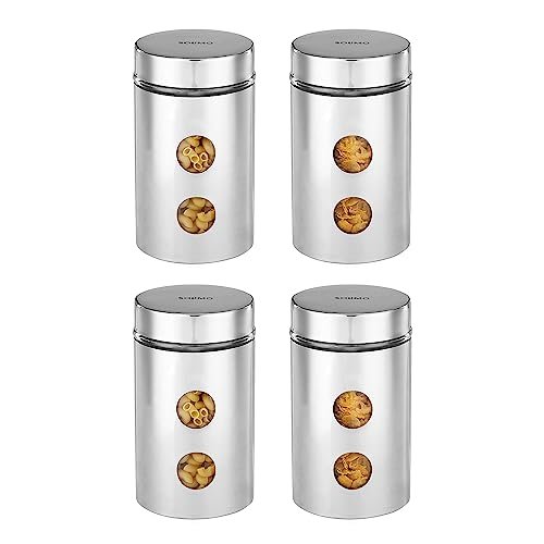 Amazon Brand – Solimo Drip Window Steel Jacketed Glass Jar | Multipurpose Kitchen Organizer With See-Through Window | 1200 Ml Set Of 4 – Silver