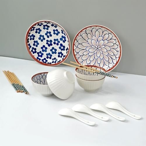 Amazon Brand – Solimo Ceramic Bowl with Plate & Spoon & Chopstick Set, Set of 14 pcs set (Bowl H 4B+4S+4C+2P) | Microwave & Dishwasher Safe| Bowls for Snacks, Fruits, Salad, Desserts | BPA & Lead-Free Bowls | 350ML, Burnt Sienna