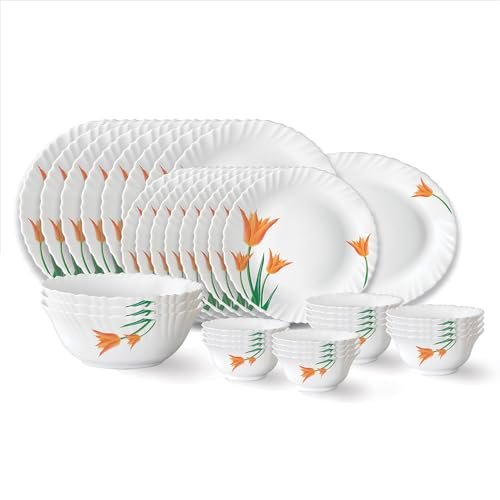 Larah by Borosil Firefly Fluted Series Opalware Dinner Set | 33 Pieces for Family of 6 | Microwave & Dishwasher Safe | Bone-Ash Free | Crockery Set for Dining & Gifting | Plates & Bowls | White