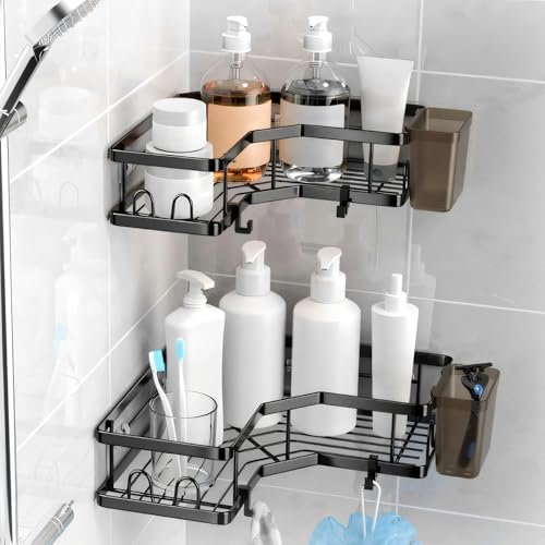 Moforoco Bathroom Corner Shelves Organiser Without Drill | Bathroom Accessories with Hooks | Self Adhesive Bathroom Shelf for Wall Black Pack of 2