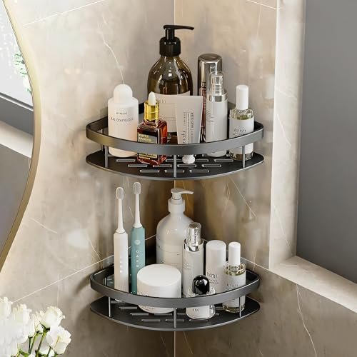 MIORAH Self Adhesive Adjustable Bathroom Organizer Corner Shelf – Rustproof Powder Coated ABS – Wall Mounted Storage No Drilling Required Black Pack of 2