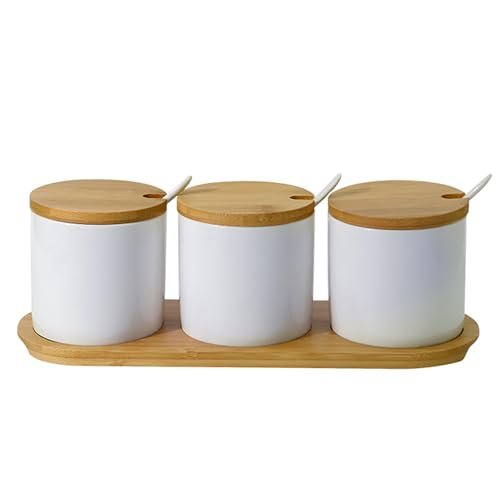 The Better Home Ceramic Condiment Jar Set of 3 (250 ml Each) | Bamboo Lids, Spoons & Tray | Airtight Kitchen Organizer for Pickle, Sauces & Masala | White