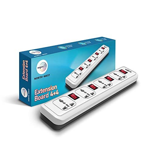 Wipro 4+4 Extension Board | 4 Sockets with Individual Switches | Spike Guard with Auto Cutoff | 2 Meter Long Cord | Child Safety Shutters | Fire Resistant Power Strip for Home & Office, Pack of 1
