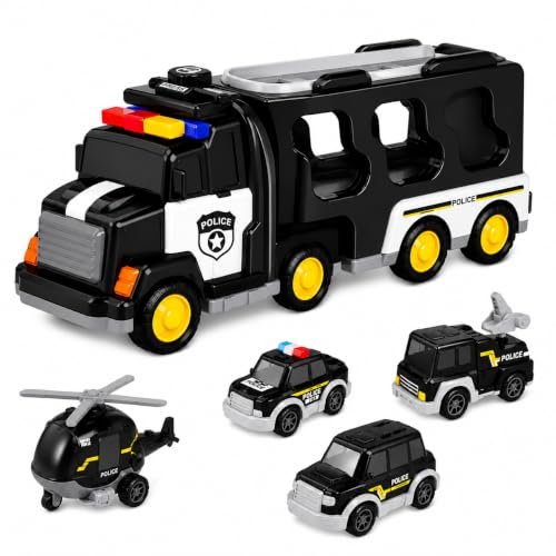 Lifelong 5-in-1 Police Carrier Truck | Big Friction Powered Truck Toy with Lights, Siren & Sound | Police Car Set with Fire Truck, Ambulance, Helicopter | Birthday Gift Set for Boys, Girls 3-10 Yrs