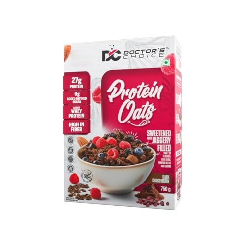 Doctors Choice High Protein Oats 750g | 27g Protein Oatmeal | Dark Choco Berry Flavor | No Added Sugar | Gluten Free | High Fiber Healthy Breakfast Oats