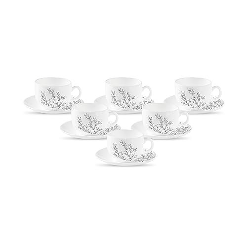 La Opala Diva, Pearl Collection Opal Glass Crockery | Cup & Saucer, Set of 12 | Dusky Vines, 160 ml | for Tea & Coffee | Microwave Safe | 100% Vegetarian | Extra Strong | Super Light | Super White