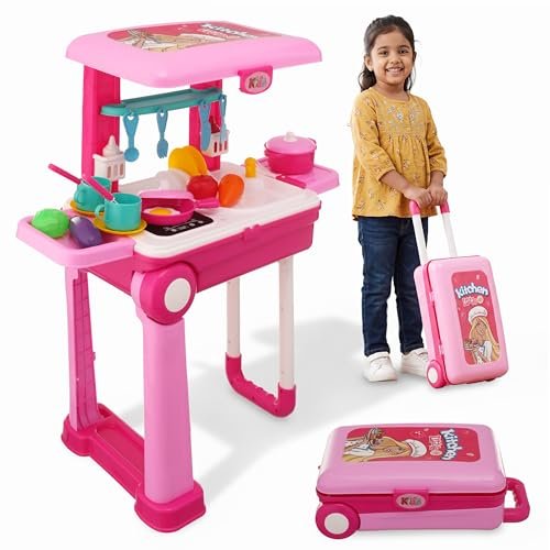 Lifelong Big Kitchen Play Set for Kids 3–8 Yrs | Light & Sound Portable Suitcase Toy Kitchen | 28 Pieces Pretend Cooking Accessories, Stove, Pots, Pans & Play Food |Playset for Girls (Pink, 39*20*12)