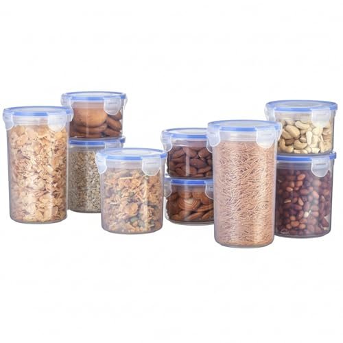 Amazon Brand – Solimo Round Plastic Storage Jar & Container Set | Airtight Lid | BPA-Free Plastic | Microwave, Freezer & Dishwasher Safe | Kitchen Storage | 370ml, 650ml & 950ml | Set of 9
