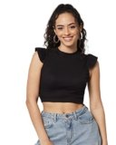 GUTI Round Neck Cap Sleeves Cotton Crop Top(Medium,Black)